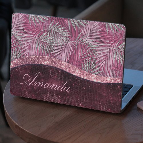 Elegan pink fuchsia silver glitter leaves monogram HP laptop skin