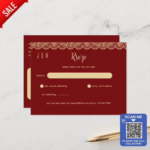 Elegan Red Gold Lace Wedding RSVP For Matching Inv Postcard