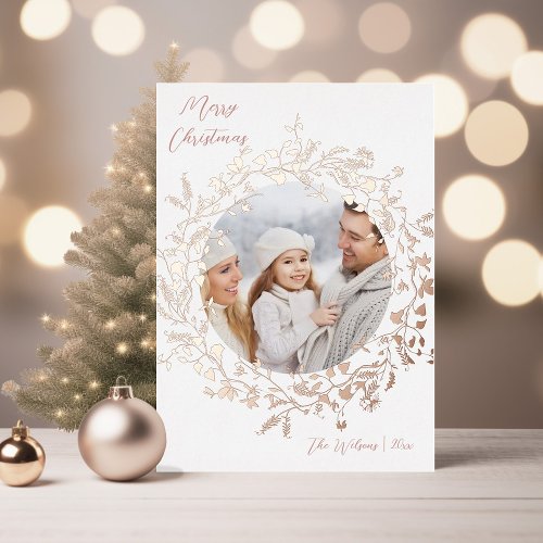 Elegan Wildflower Merry Christmas Photo Rose Gold Foil Holiday Card