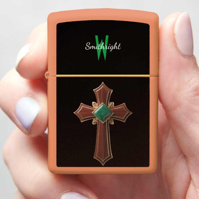 Elegance: A Cross Adorned With a Lush Green Gem Zippo Lighter (In Hand)
