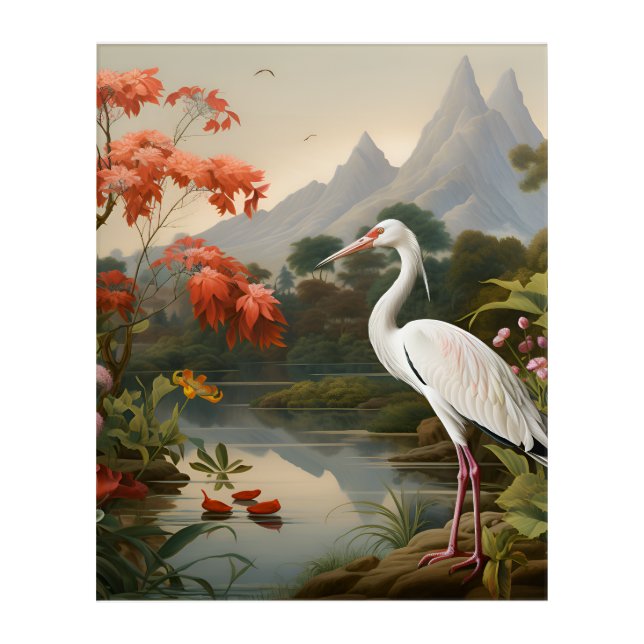 Elegance Amidst Tranquility: A Stork's Serenity Acrylic Print (Front)