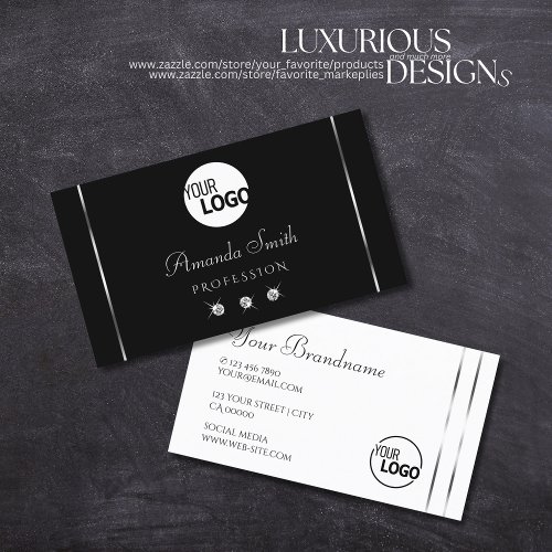 Elegance Black and White Shiny Diamonds add Logo Business Card