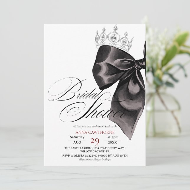 Elegance Black Bow Bridal Shower Invitation (Standing Front)