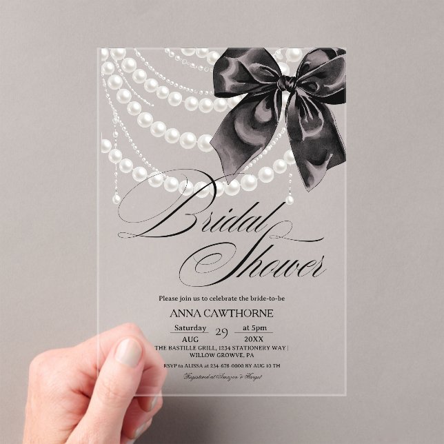  Elegance Black Bow Pearls Bridal Shower Acrylic Acrylic Invitations (Insitu (Handheld))