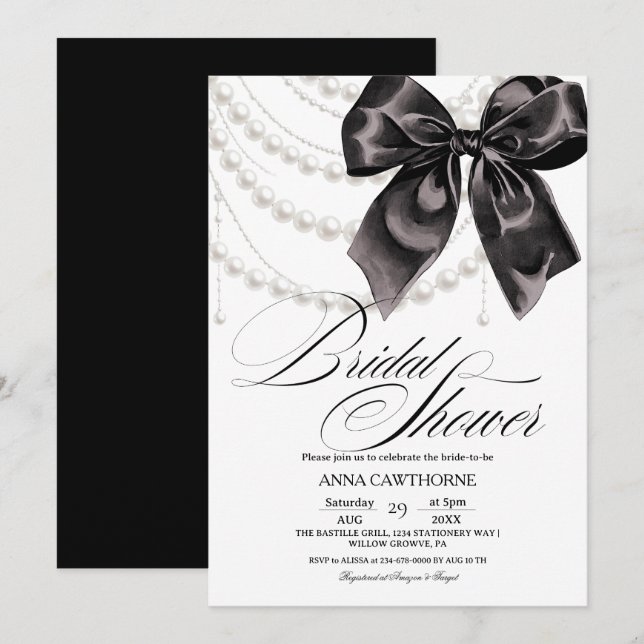  Elegance Black Bow Pearls Bridal Shower Acrylic Invitation (Front/Back)