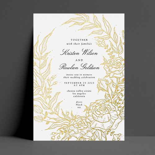 Elegance Black Florals GOLD Wreath Wedding Foil Invitation