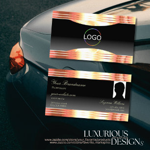 Elegance Black Rose Gold Borders Logo and Photo Business Card