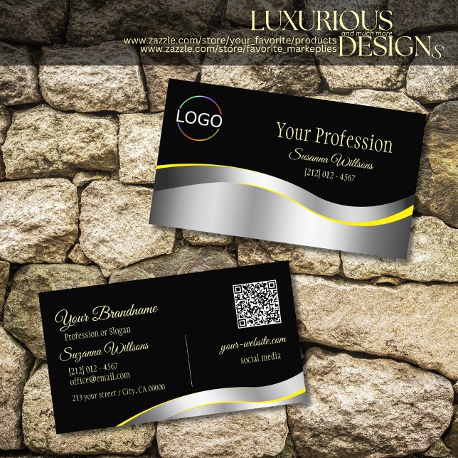 Elegance Black Wavy Silver Decor with Logo QR Code Business Card (Creator Uploaded)