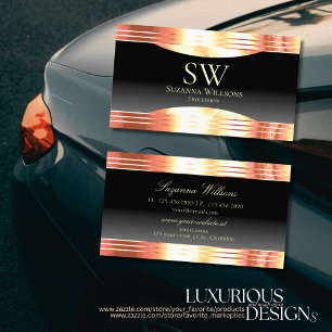 Elegance Black with Rose Gold Borders and Monogram Business Card