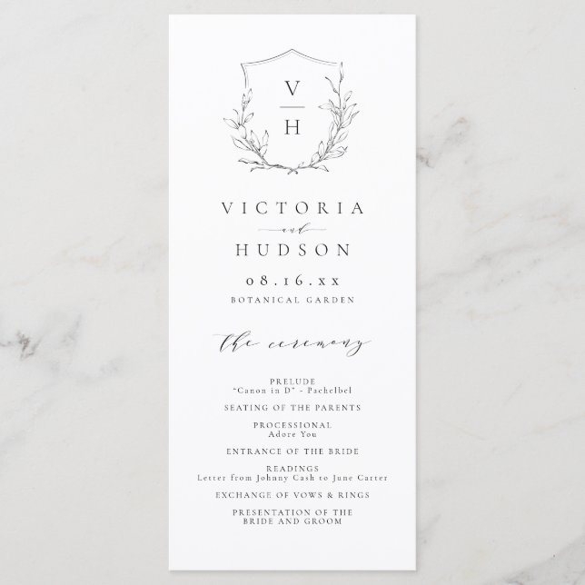 Elegance botanical crest monogram wedding program (Front)