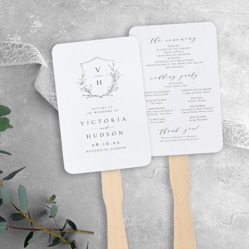 Elegance botanical crest monogram wedding program hand fan