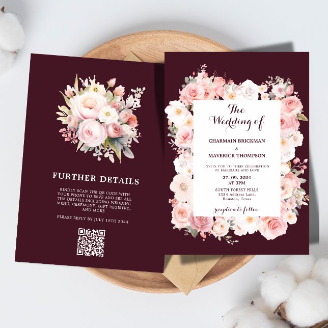 Elegance Burgundy Floral Pink Qr Code Wedding Invitation (Creator Uploaded)