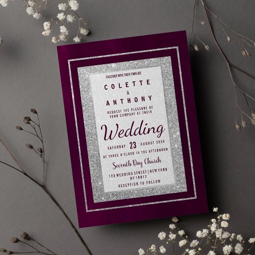 Elegance burgundy silver glitter geometric Wedding Invitation