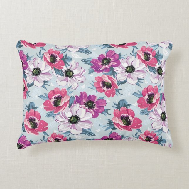 Elegance color flowers pattern on blue accent pillow (Front)