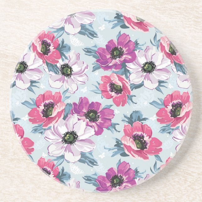 Elegance color flowers pattern on blue coaster (Front)