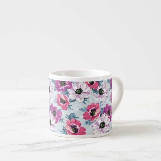 Elegance color flowers pattern on blue espresso cup (Front Right)