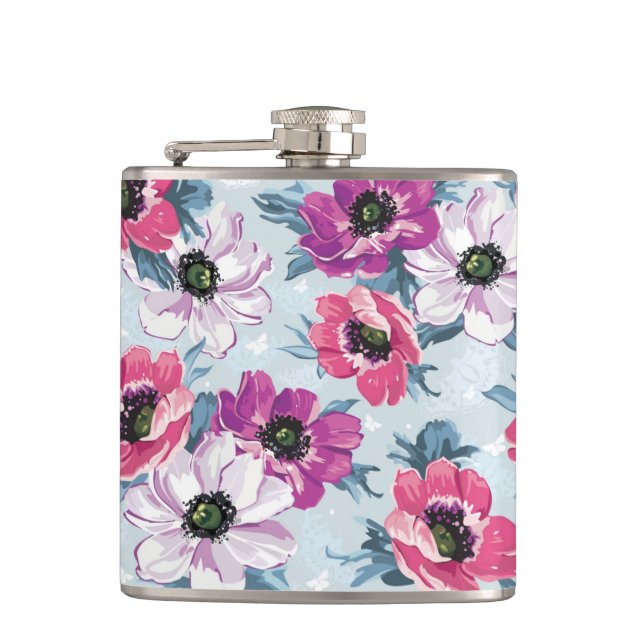 Elegance color flowers pattern on blue hip flask (Front)
