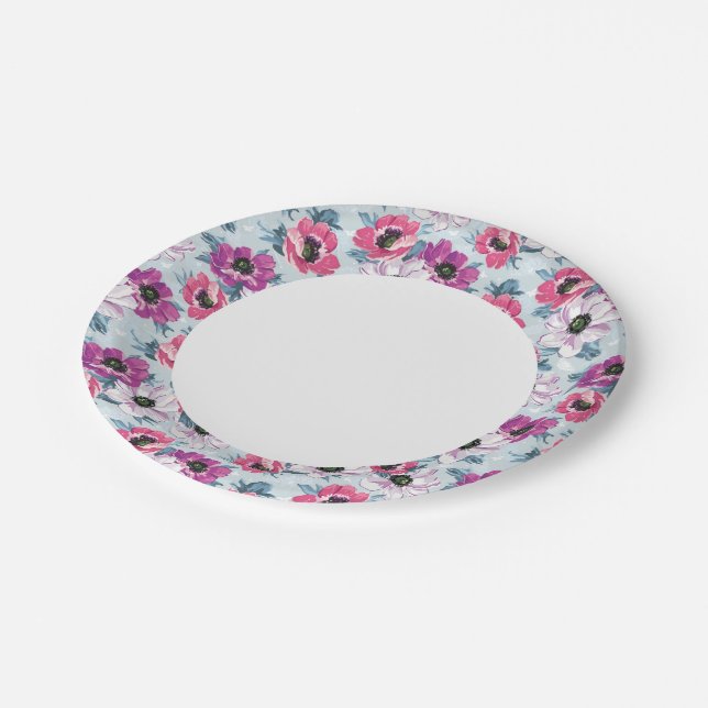 Elegance color flowers pattern on blue paper plates (Angled)