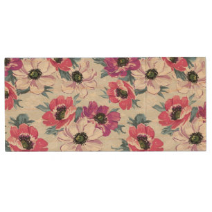 Elegance color flowers pattern on blue wood USB flash drive