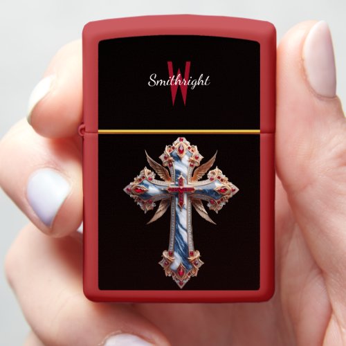 Elegance Embodied Ornate Cross With Red and Blue  Zippo Lighter