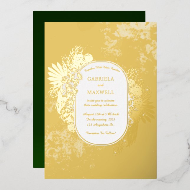 Elegance Emerald Green and Gold Wedding Foil Invitation (Front/Back)