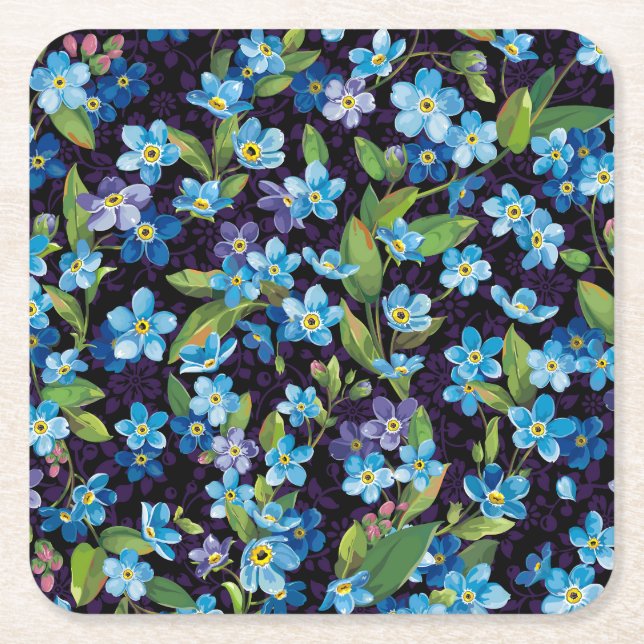 Elegance Forget-Me-Not Floral Pattern Square Paper Coaster (Front)