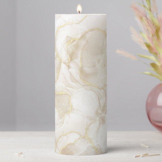 Elegance Gold White Brown Marble Agate Design Gift Pillar Candle (In Situ)