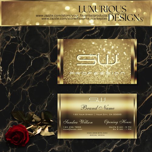 Elegance Golden Shimmer Sparkling Glitter Initials Business Card