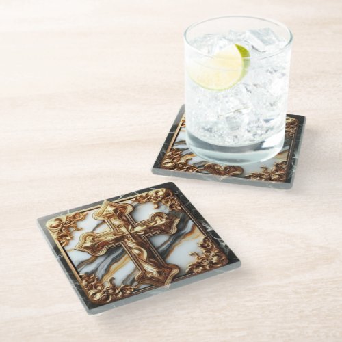 Elegance in Absolution Cross on Marble With Gilded Glass Coaster