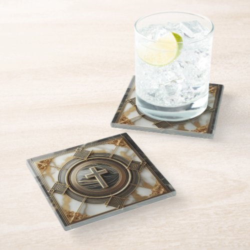 Elegance in Absolution Cross on Marble With Gilded Glass Coaster