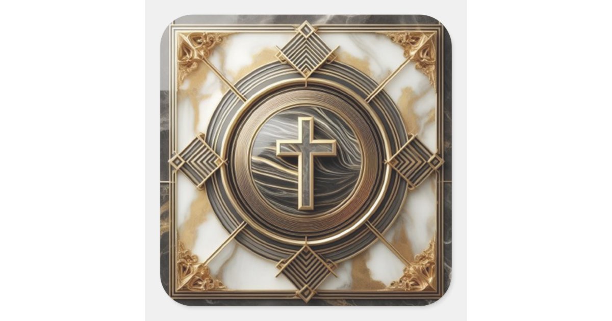 Elegance in Absolution Cross on Marble With Gilded Square Sticker | Zazzle