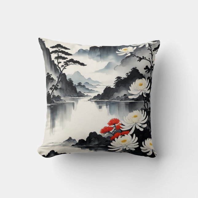 Elegance in Bloom: Floral and Landscape Harmony Throw Pillow (Front)