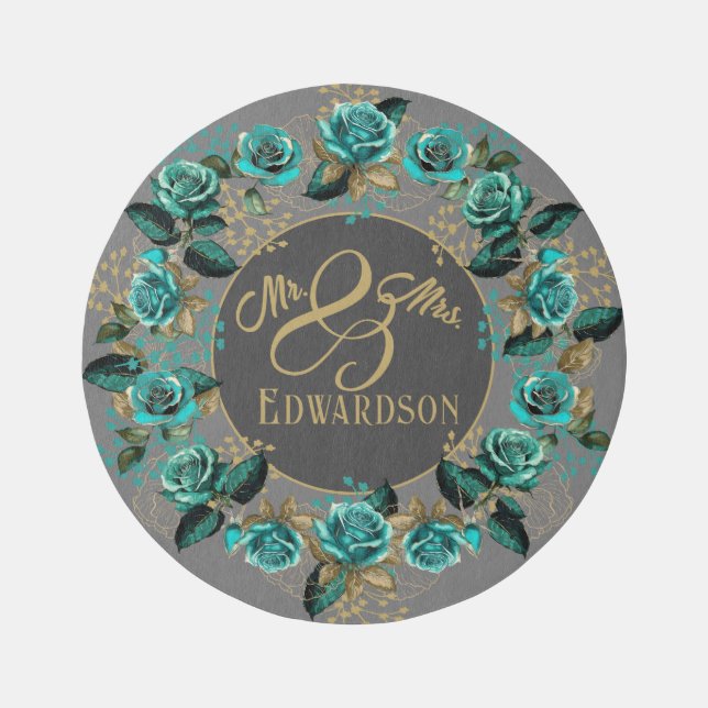 Elegance in Bloom: Teal & Gold Floral Mr & Mrs Rug (Front)
