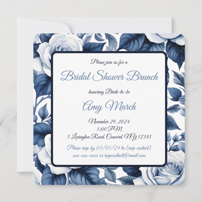 Elegance in Blue Rose Bridal Shower Invitation (Front)