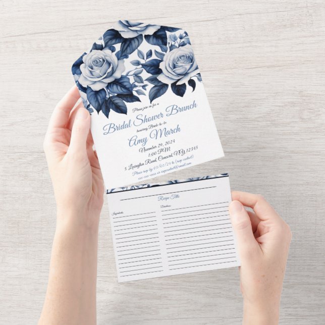 Elegance in Blue Rose Bridal Shower & Recipe All In One Invitation (Tearaway)