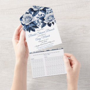 Elegance in Blue Rose Bridal Shower & Recipe All In One Invitation