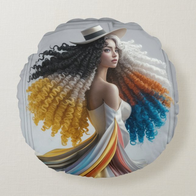 Elegance in Contrast: Curly-Haired Woman  Round Pillow (Front)