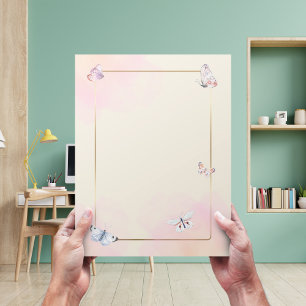 Elegance in Flight: Soft Pink Gold Frame Butterfly Letterhead
