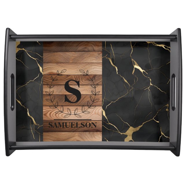 Elegance In Harmony: Wood & Marble Serving Tray  (Front)