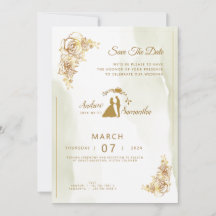 Elegance in Ivory, Gold, and Green Wedding Invitat