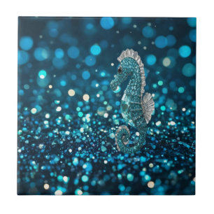 Elegance in Motion: Aqua Seahorse On Aqua Bokeh Ceramic Tile