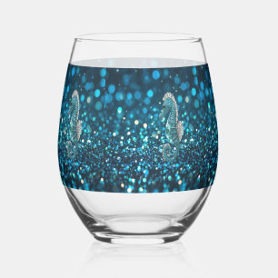 Elegance in Motion: Aqua Seahorse On Aqua Bokeh Stemless Wine Glass