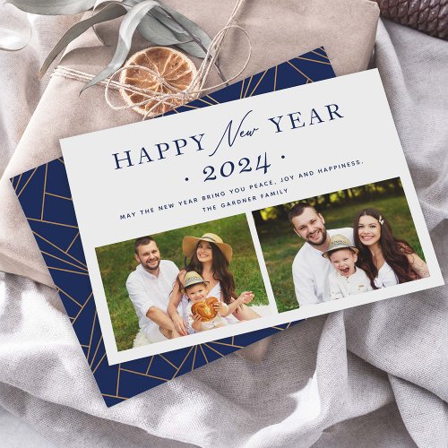 Elegance in Navy Dual Photo 2024 New Years Holiday Card