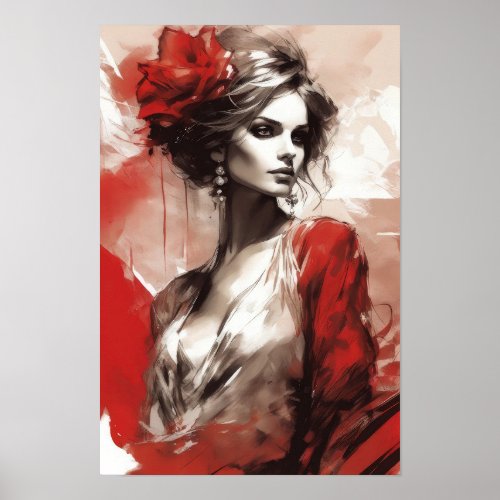 Elegance in Red Fashion Woman Portrait Modern Art Poster