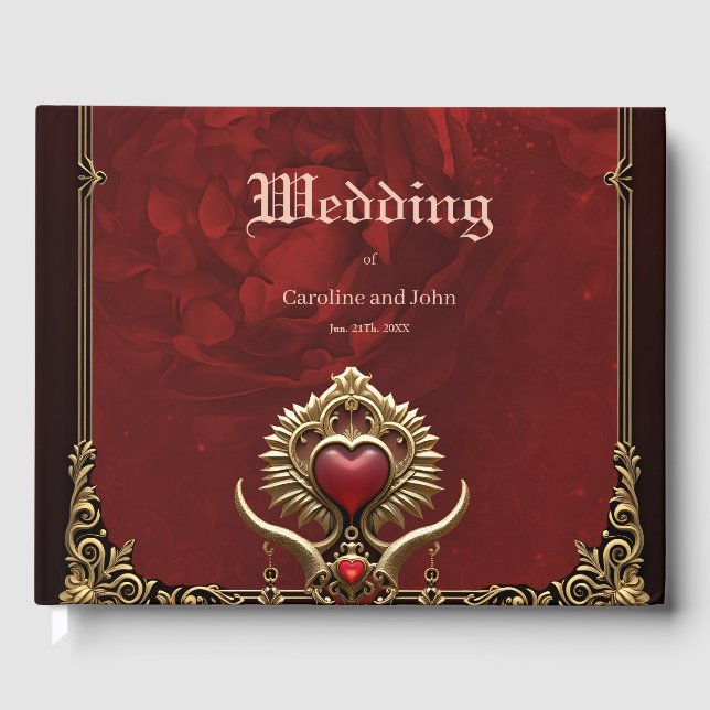 Elegance in red luster with an ornate heart. guest book (Front)