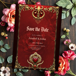 Elegance in red luster with an ornate heart.  save the date