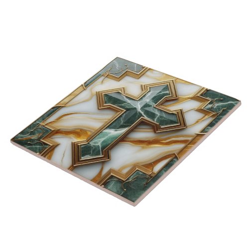 Elegance in Stone Golden_Framed Marble Cross Ceramic Tile