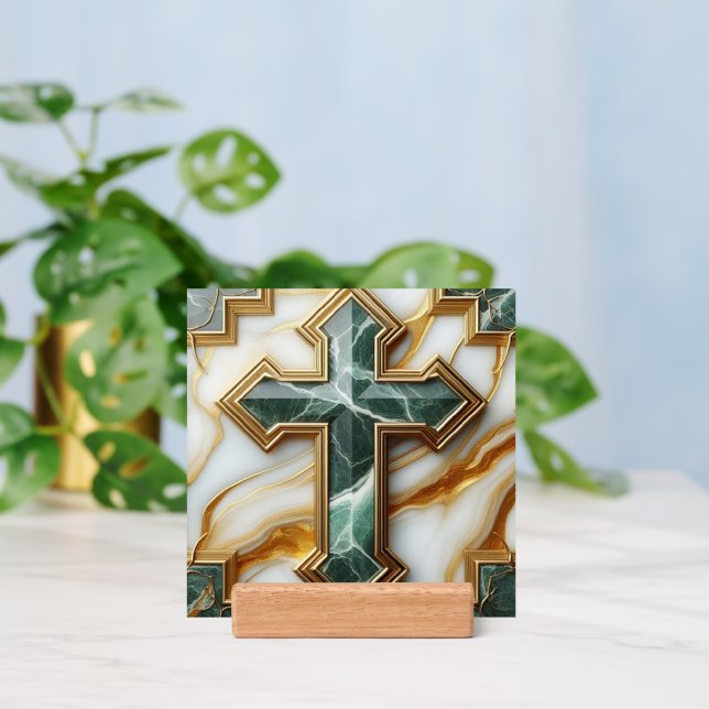 Elegance in Stone Golden-Framed Marble Cross Holder (Insitu 3)