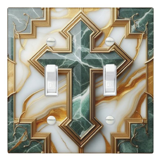 Elegance in Stone Golden-Framed Marble Cross Light Switch Cover (In Situ)
