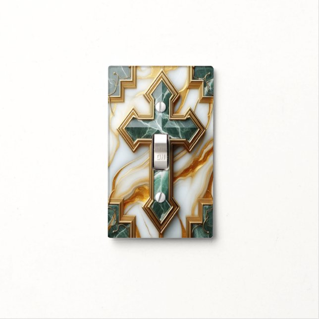 Elegance in Stone Golden-Framed Marble Cross Light Switch Cover (In Situ)